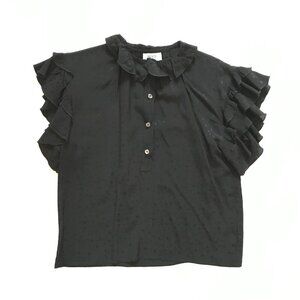 KOCH Popover Ruffle Blouse Top Shirt Womens XS Black Short Sleeve Button Front